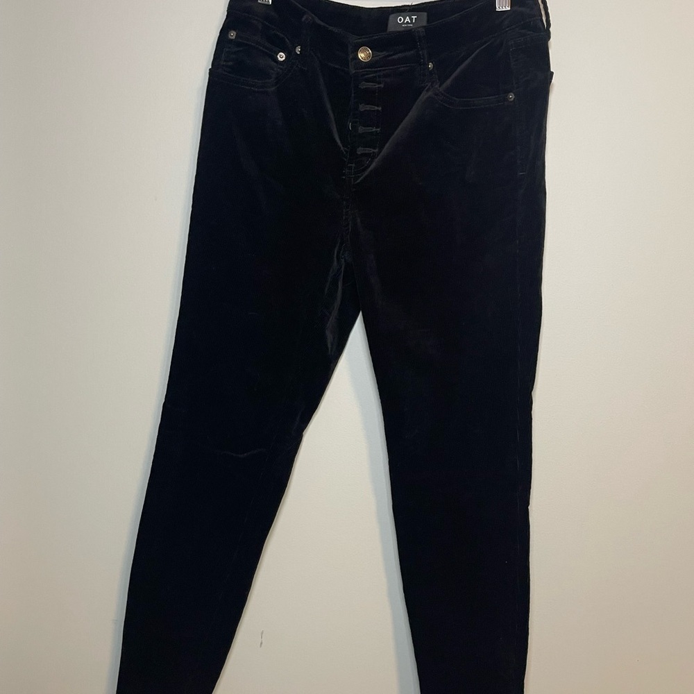 OAT NY women’s black corduroy high rise straight leg cropped raw hem pant sz 30